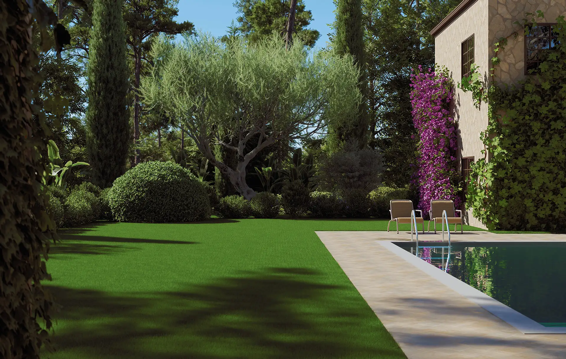 Giardino di villa mediterranea con piscina protetto dalle zanzare